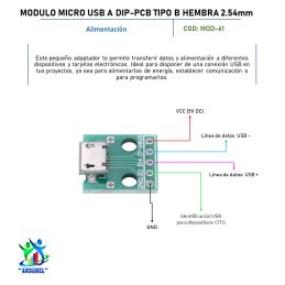 MODULO MICRO USB A DIP-PCB TIPO B HEMBRA 2.54MM 5 PINES MODULO MICRO USB A DIP-PCB TIPO B HEMBRA 2.54MM 5 PINES